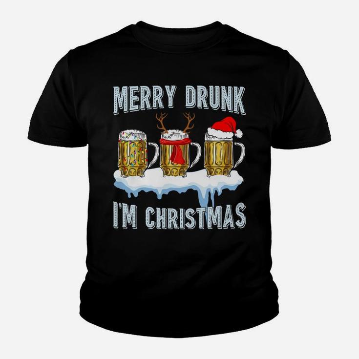 Merry Drunk I'm Christmas Funny Beer Xmas Santa Reindeer Youth T-shirt
