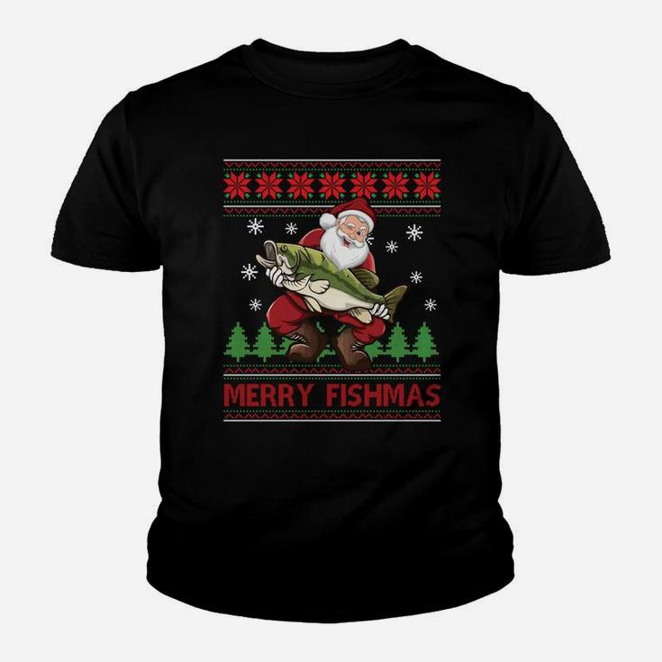 Merry Fishmas Santa Fishing Ugly Christmas Sweater Style Youth T-shirt