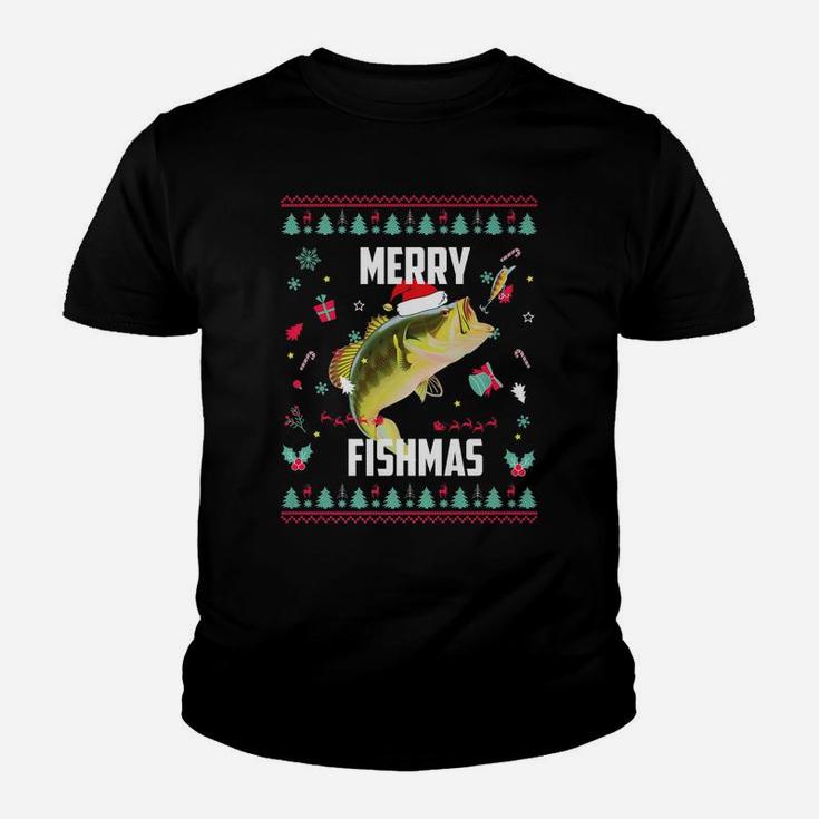 Merry Fishmas Ugly Christmas Bass Santa Hat Christmas Pajama Youth T-shirt