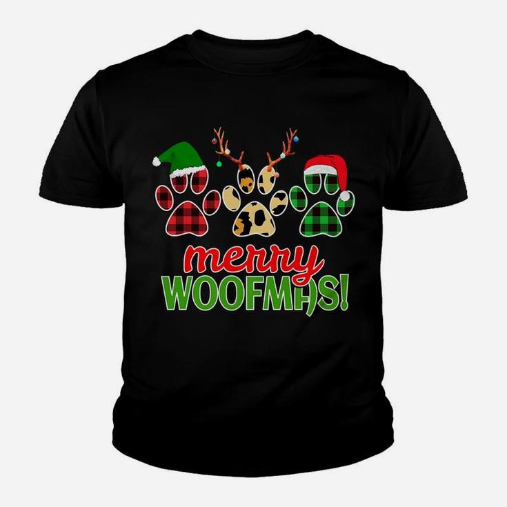 Merry Woofmas Dog Paw Christmas Buffalo Plaid Leopard Print Youth T-shirt