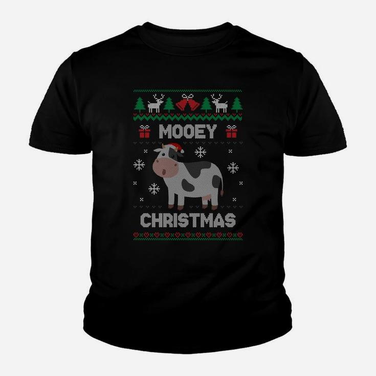 Mooey Christmas Cow Santa Claus Hat Ugly Christmas Sweater Youth T-shirt