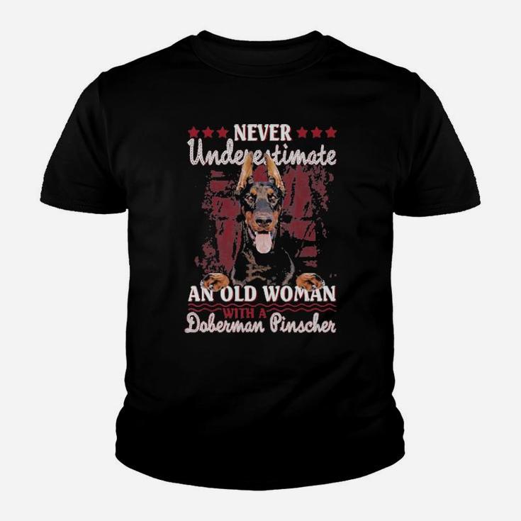Never Underestimate An Old Woman With A Doberman Youth T-shirt