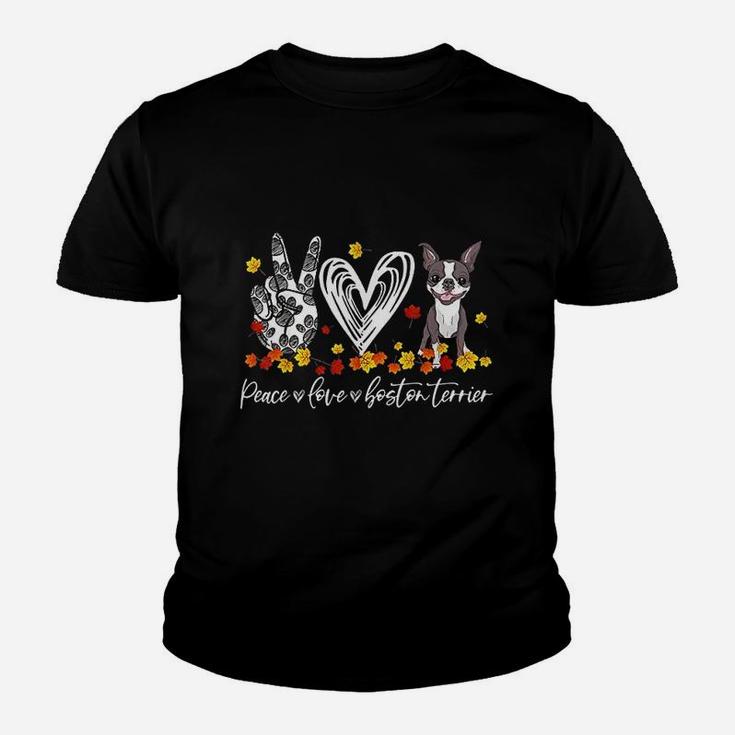 Peace Loves Boston Terrier Autumn Leaves Thanksgiving Gifts Youth T-shirt