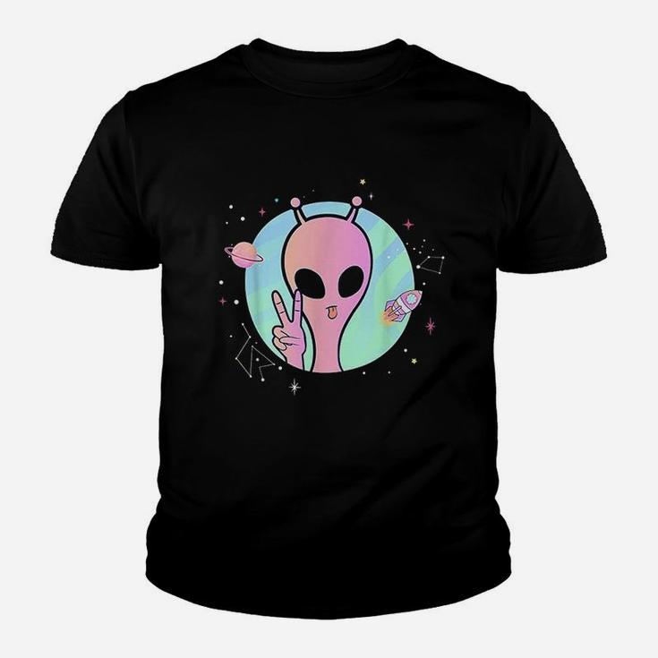 Peace Sign Hand Planet Stars Ufo Cool Trippy Gift Pink Alien Youth T-shirt
