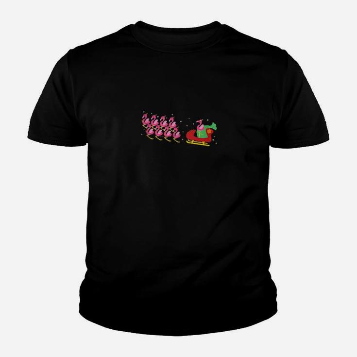Pink Flamingo With Santa Claus Hat And Reindeer Sleigh Youth T-shirt