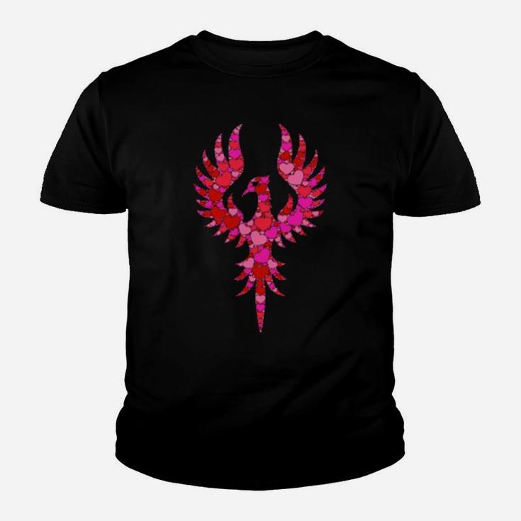 Pink Red Heart Valentines Day Phoenix Mythical Bird Youth T-shirt