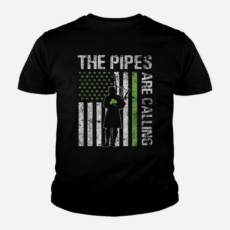 Pipes Are Calling Patricks Day Irish Bagpipe America Flag Youth T-shirt