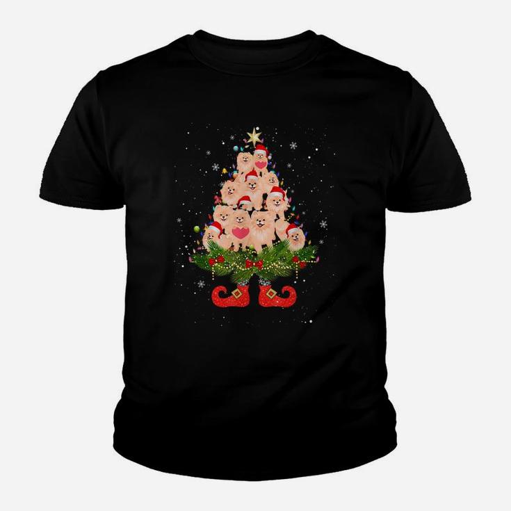 Pomeranian Christmas Tree Lights Funny Santa Hat Dog Lover Youth T-shirt
