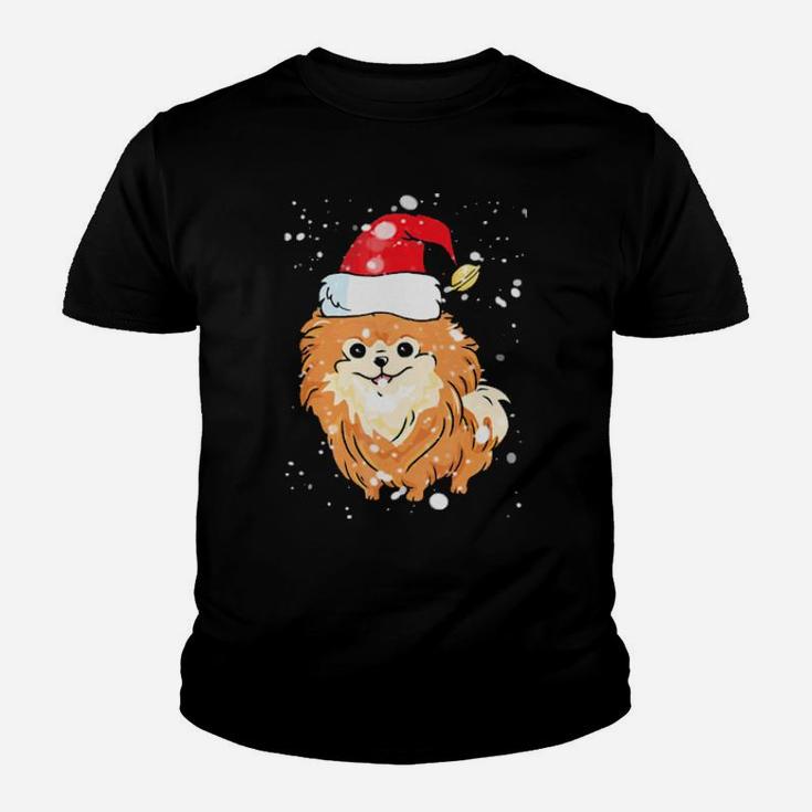 Pomeranian Licking Snow On Nose Santa Xmas Hat Youth T-shirt
