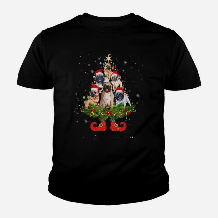 Pug Christmas Tree Lights Funny Santa Hat Dog Lover Youth T-shirt