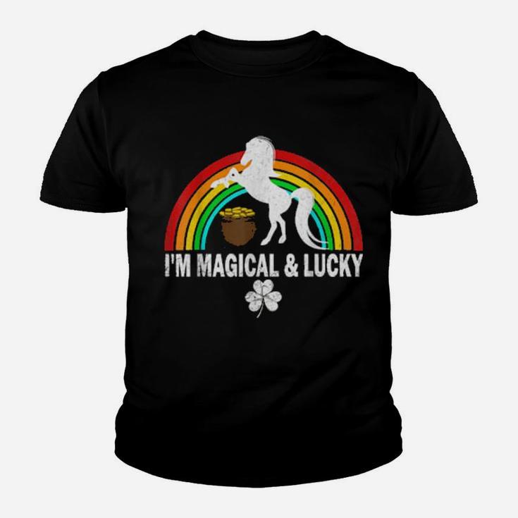 Rainbow I'm Magical And Lucky Irish Unicorn Shamrock Youth T-shirt