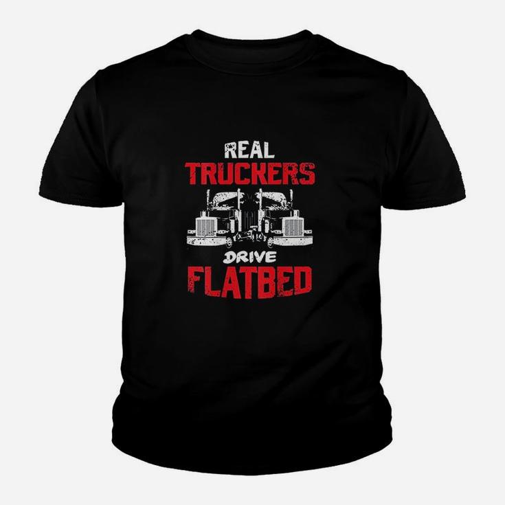 Real Truckers Drive Flatbed Semitrailer Truck Back Design Youth T-shirt