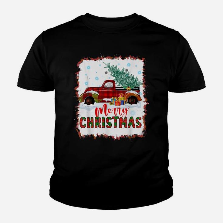 Red Buffalo Plaid Truck Merry Christmas Tree Bleached Print Youth T-shirt