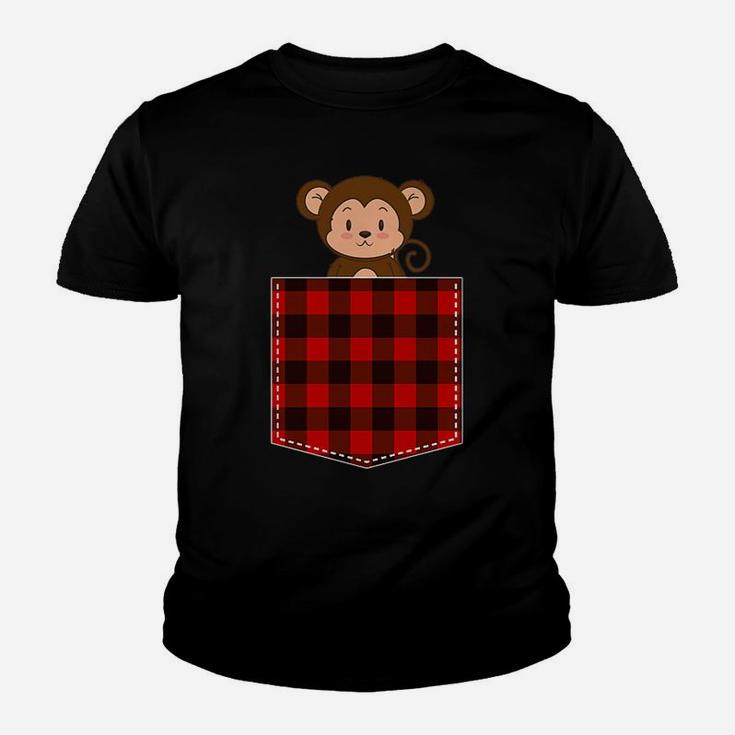 Red Plaid Monkey In Pocket Buffalo Family Pajama Christmas Youth T-shirt