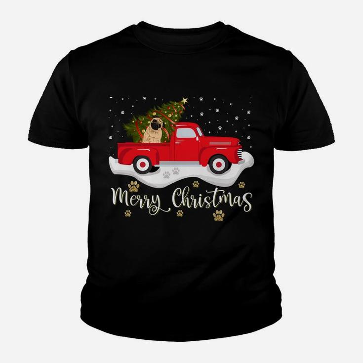Red Truck Merry Christmas Tree Pug Christmas Youth T-shirt