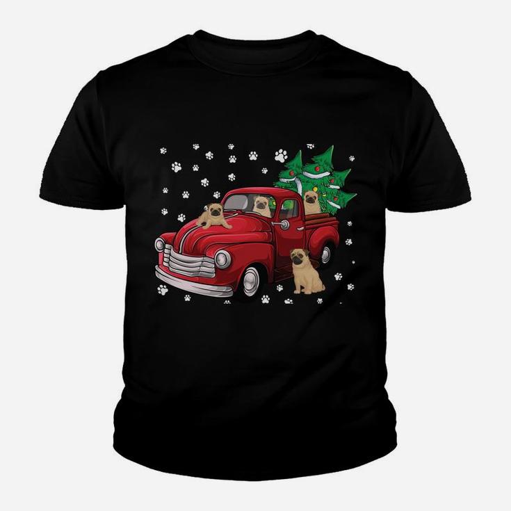 Red Truck Merry Christmas Tree Pug Dog Christmas Youth T-shirt