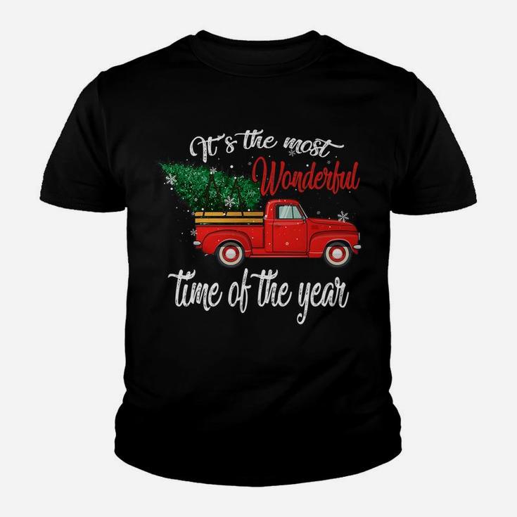 Red Truck Pick Up Christmas Tree Most Wonderful Time Of Year Youth T-shirt