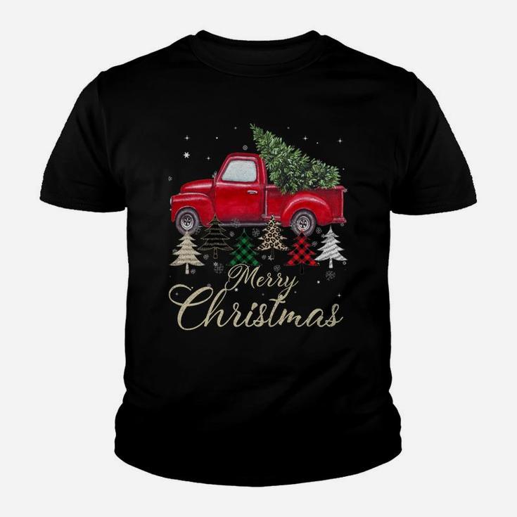 Red Truck With Buffalo Plaid And Leopard Christmas Tree Youth T-shirt