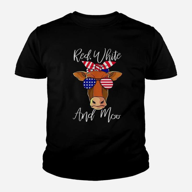 Red White And Moo Patriotic Cow Usa Flag Funny 4Th Of July Youth T-shirt