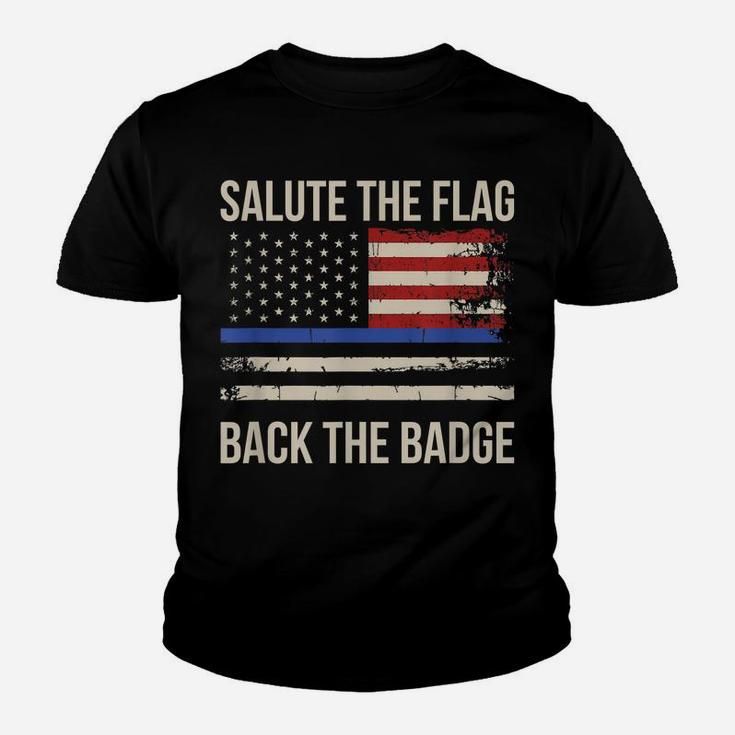 Salute The Flag Back The Badge Thin Blue Line Distressed Youth T-shirt