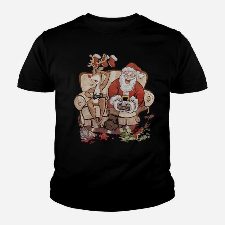 Santa And Reindeer Playing Games Together Youth T-shirt