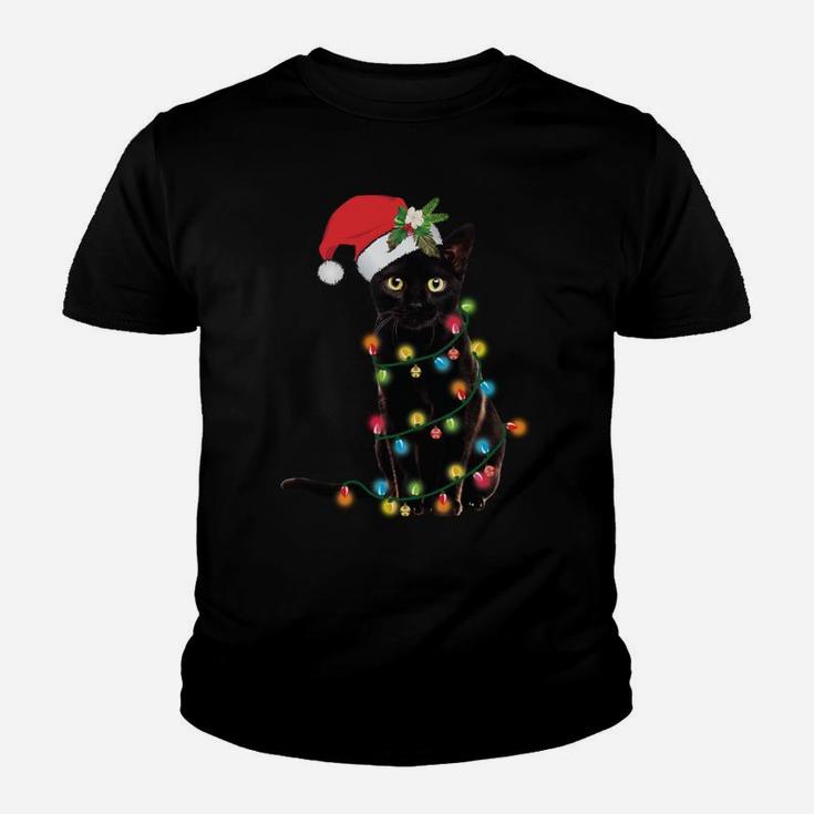 Santa Black Cat Wrapped Up In Christmas Tree Lights Holiday Youth T-shirt