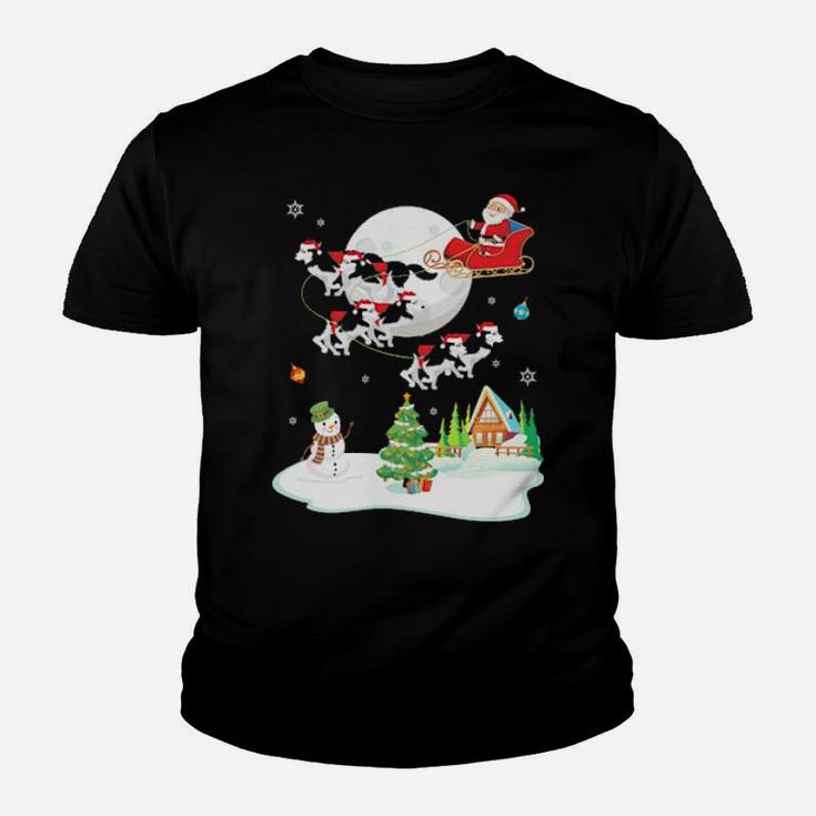 Santa Claus And Husky Dogs Snowman Dancing Noel Youth T-shirt