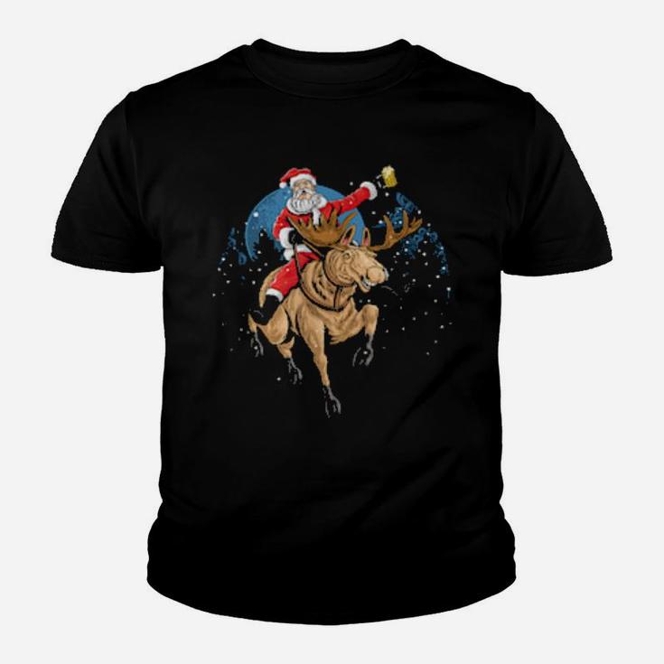 Santa Claus Drinking A Beer While Riding A Moose Youth T-shirt