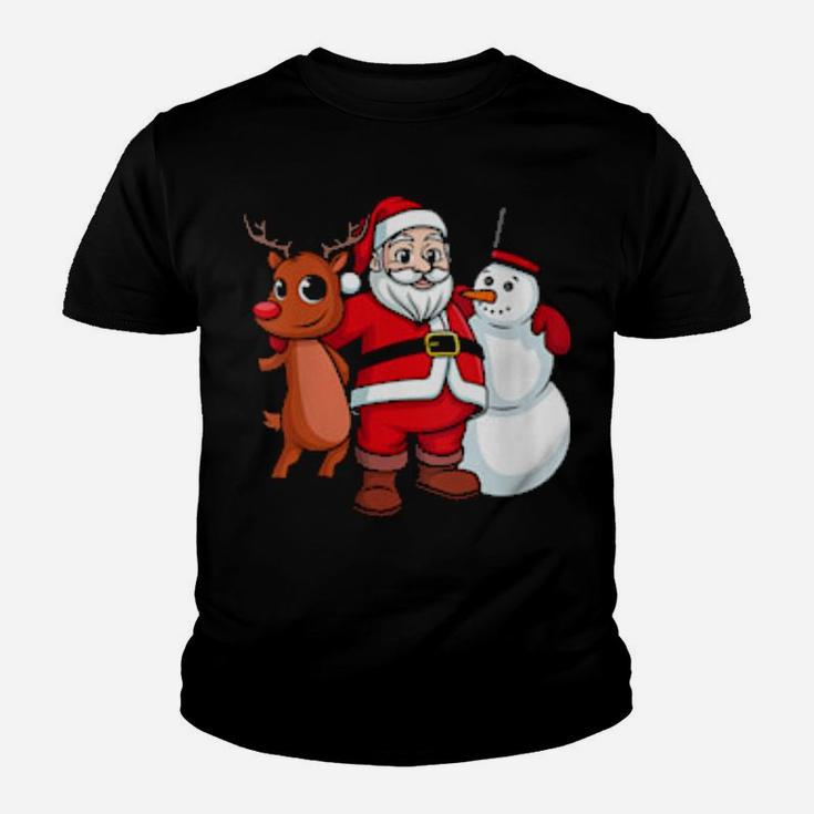 Santa Claus Hugging Snowman And Reindeer Youth T-shirt