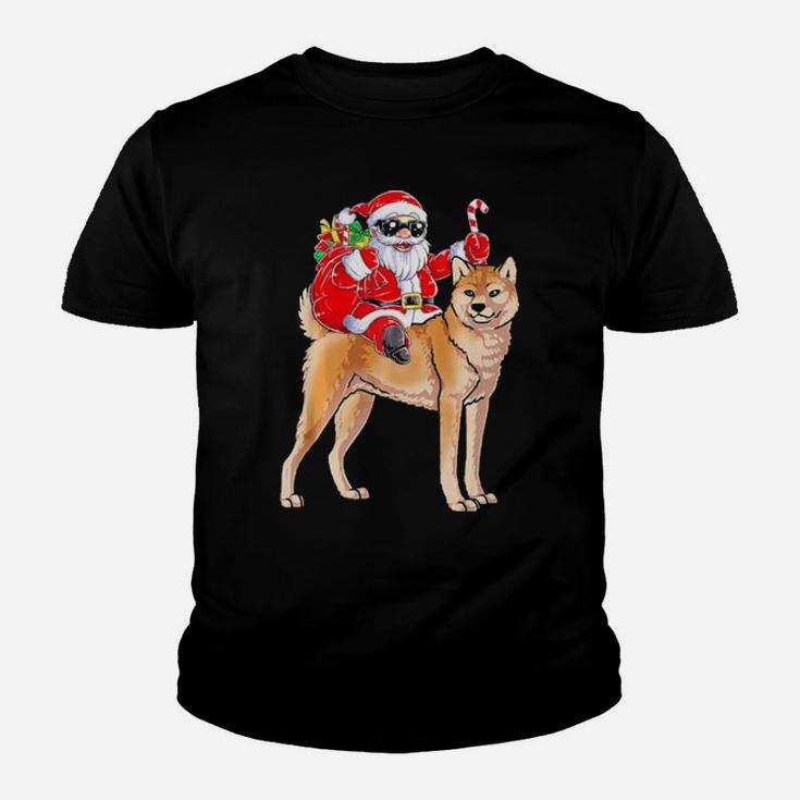 Santa Claus Riding Akita Xmas Gifts Dog Youth T-shirt