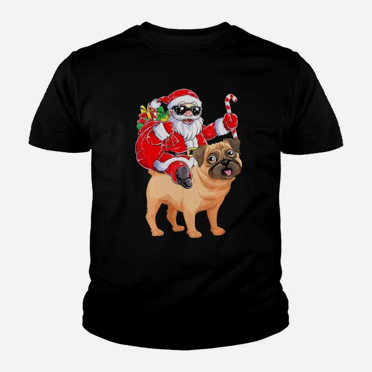 Santa Claus Riding Pug Xmas Gifts Dog Youth T-shirt