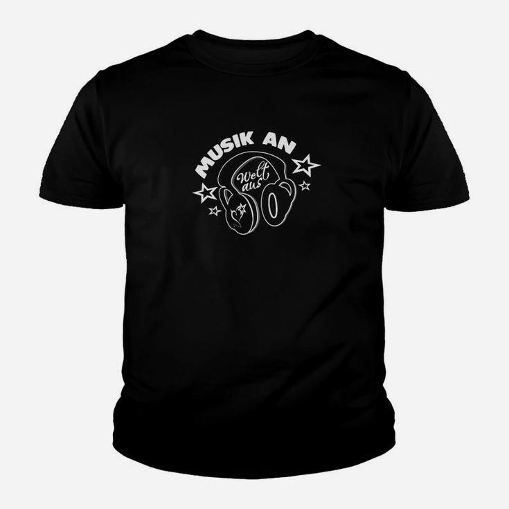Schwarzes Herren-Kinder Tshirt mit Motiv Musik an, Welt aus im Retro-Stil