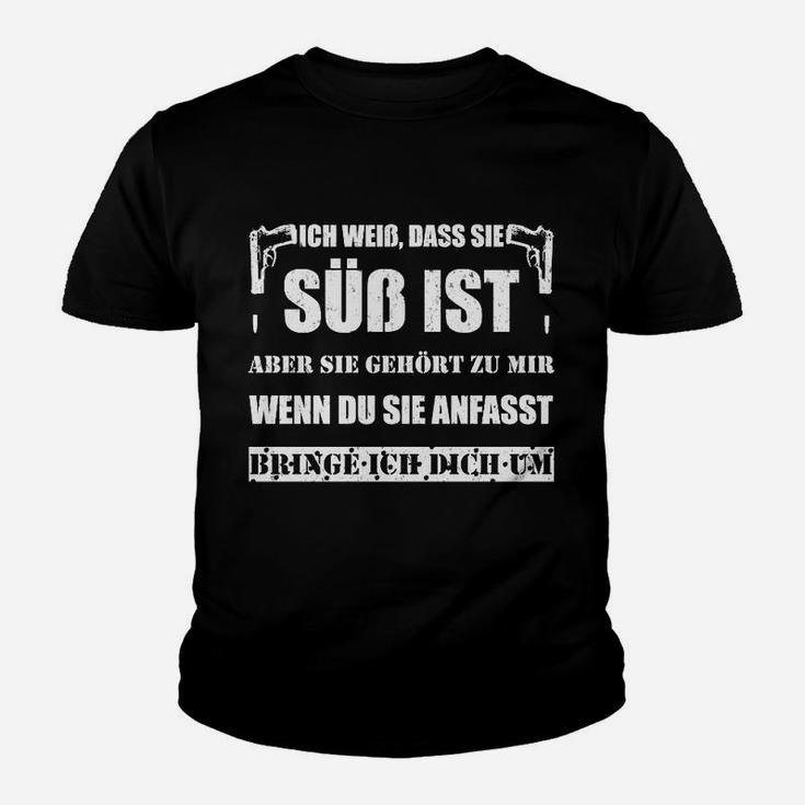 Schwarzes Kinder Tshirt Ich weiß, dass sie süß ist in Weißer Schrift, Lustiges Spruch-Kinder Tshirt