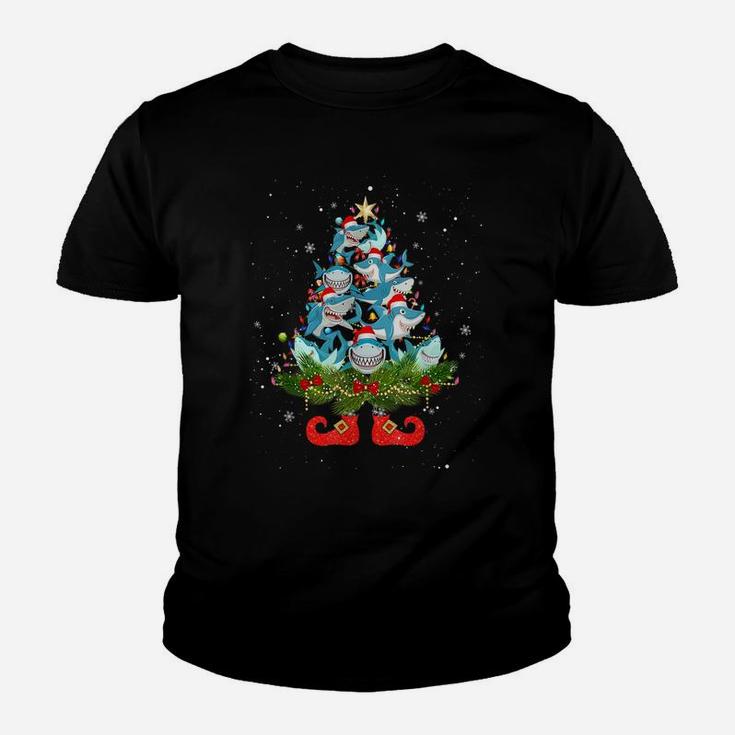 Sharks Christmas Tree Lights Funny Santa Hat Lover Youth T-shirt