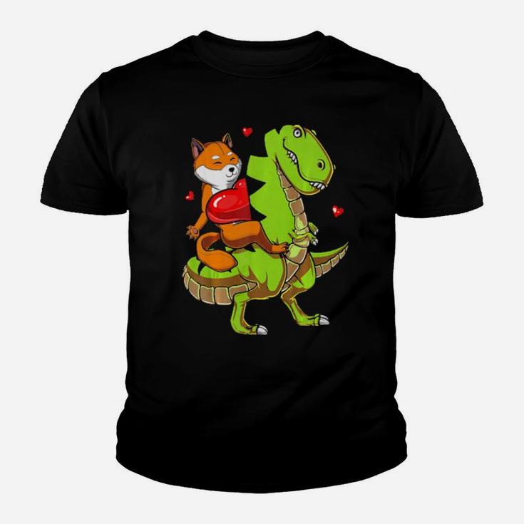 Shiba Inu Dog Riding Trex Dinosaur Valentines Day Youth T-shirt