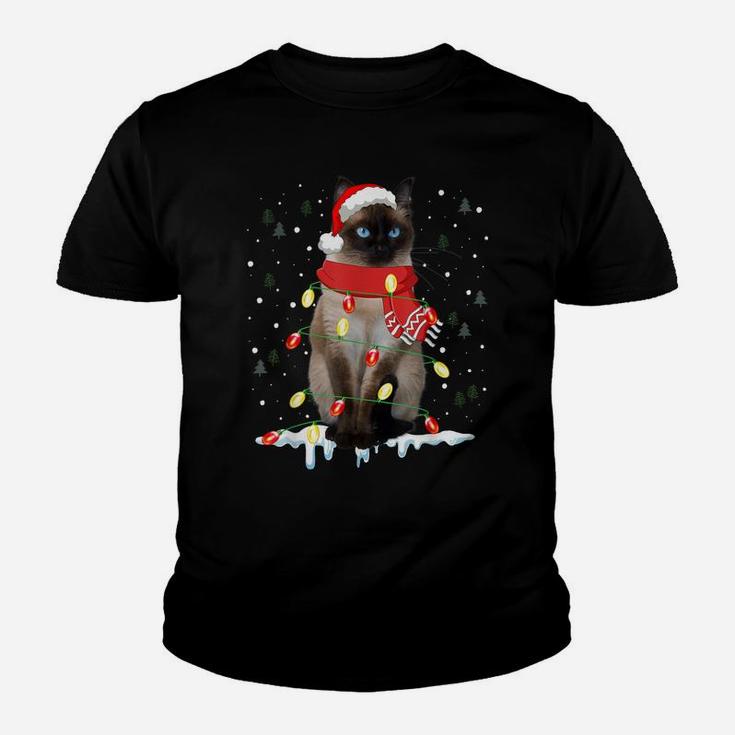 Siamese Cat In Santa Hat Xmas Lights Funny Christmas Gift Youth T-shirt