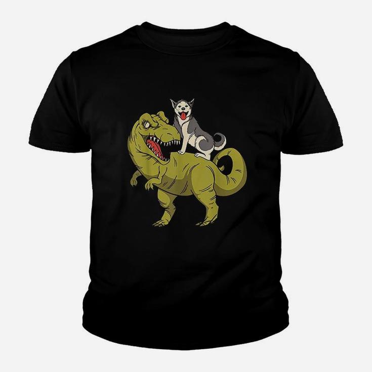 Siberian Husky Dog Riding Dinosaur Youth T-shirt