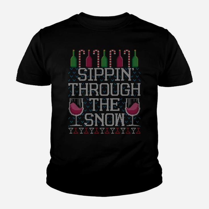 Sippin Through The Snow Red Wine Ugly Christmas Sweater Sweatshirt Youth T-shirt