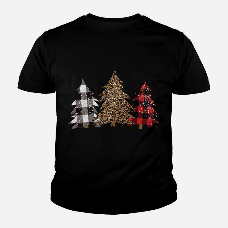 Snowy Trees Leopard Buffalo Plaid Print Cute Merry Christmas Youth T-shirt