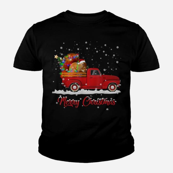 Squirrel Animal Riding Red Truck Christmas Youth T-shirt