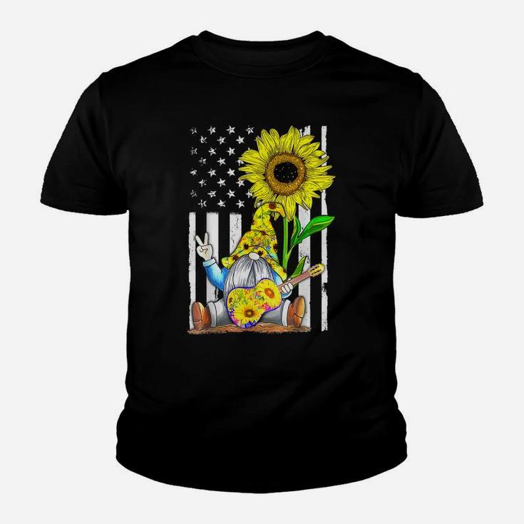 Sunflower Gnome Playing Guitar Hippie American Flag Plussize Youth T-shirt