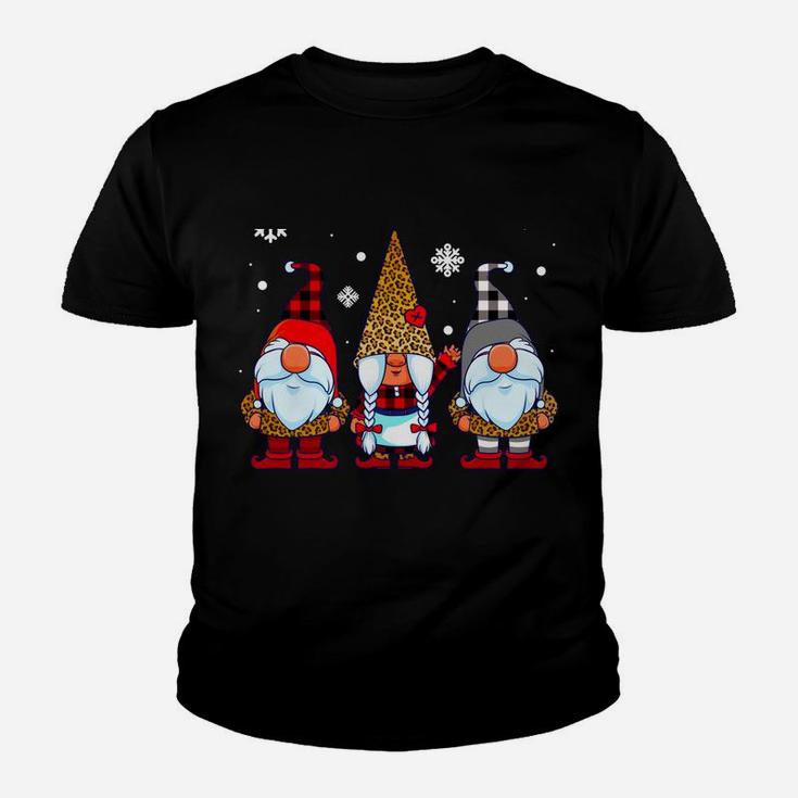 Three Gnomes In Leopard Print Buffalo Plaid Christmas Xmas Youth T-shirt