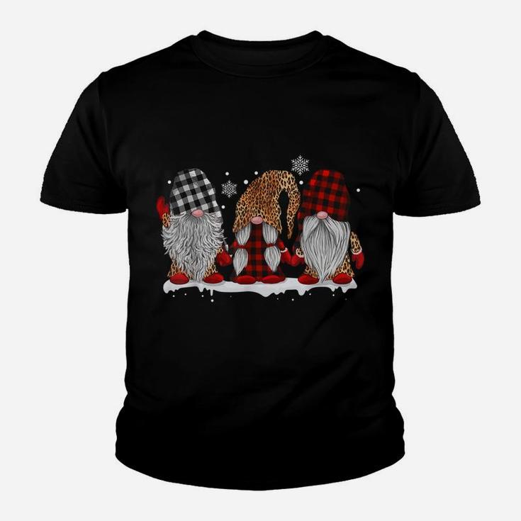 Three Gnomes In Leopard Printed Buffalo Plaid Christmas Gift Youth T-shirt