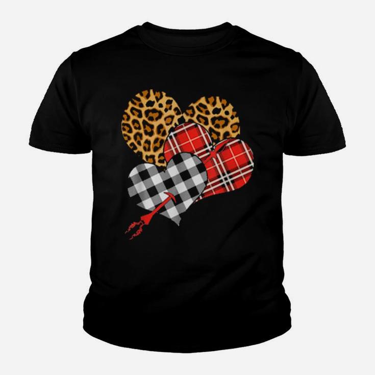 Three Hearts Leopard Buffalo Plaid Valentines Day Youth T-shirt