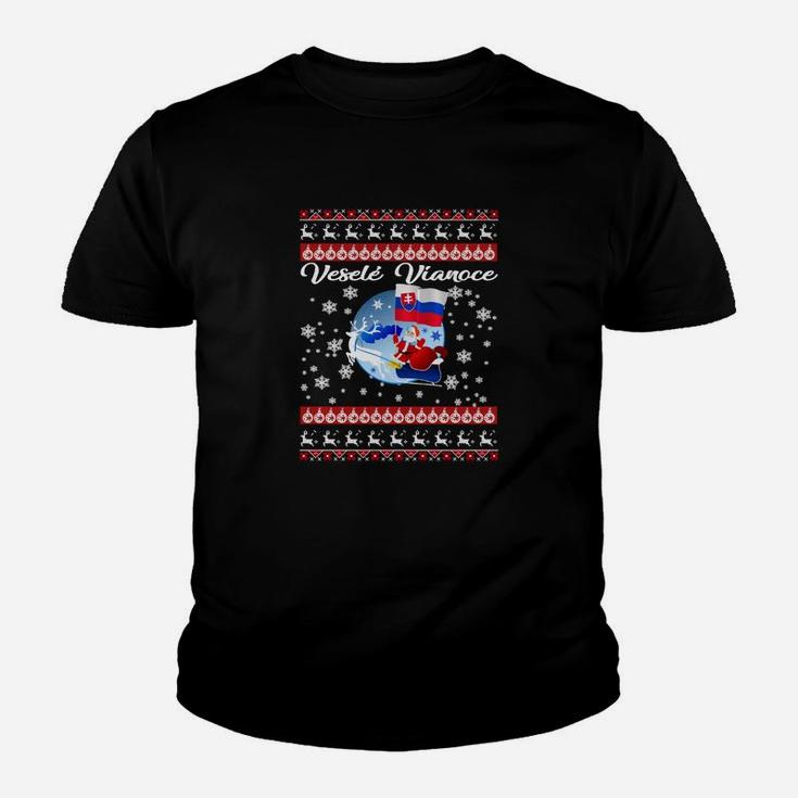 Ugly Christmas Tee mit Weihnachtspullover-Design & Weltkarte, Schwarzes Kinder Tshirt