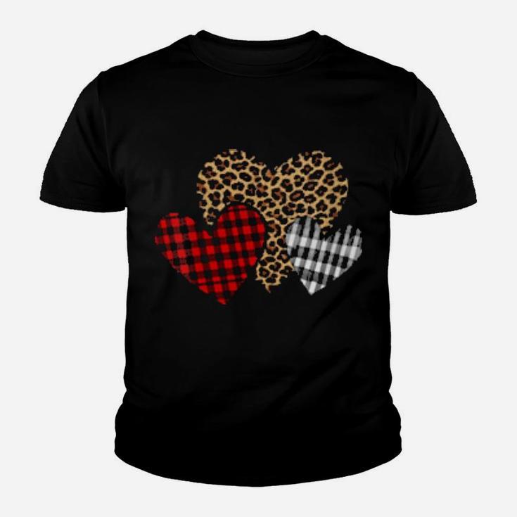 Valentines 3 Hearts Buffalo Plaid Leopard Mom Grandmother Youth T-shirt