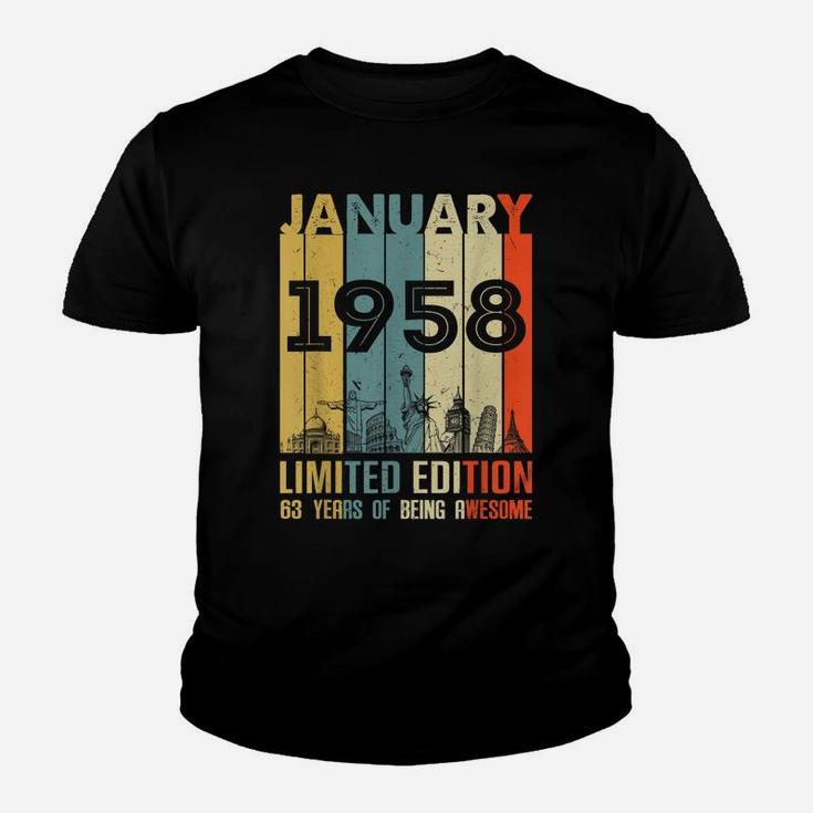 Vintage January 1958 Classic 63 Yrs Old 63Rd Birthday Gift Youth T-shirt