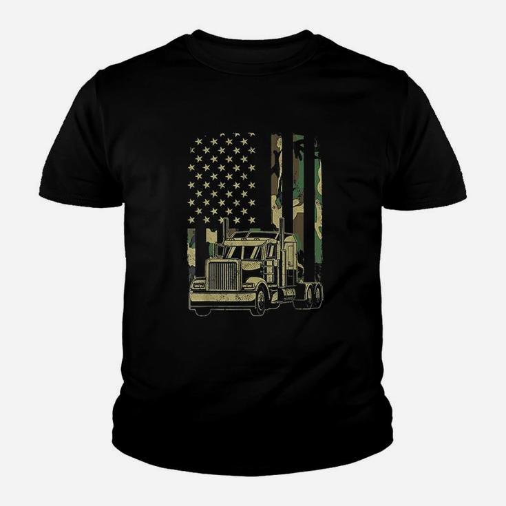 Vintage Trucker Camouflage American Flag Truck Driver Youth T-shirt