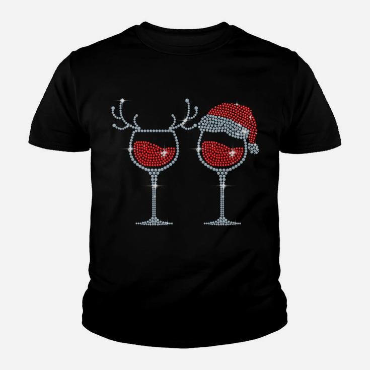 Wine Glass Santa Hat Reindeer Funny Drinking Team Christmas Youth T-shirt
