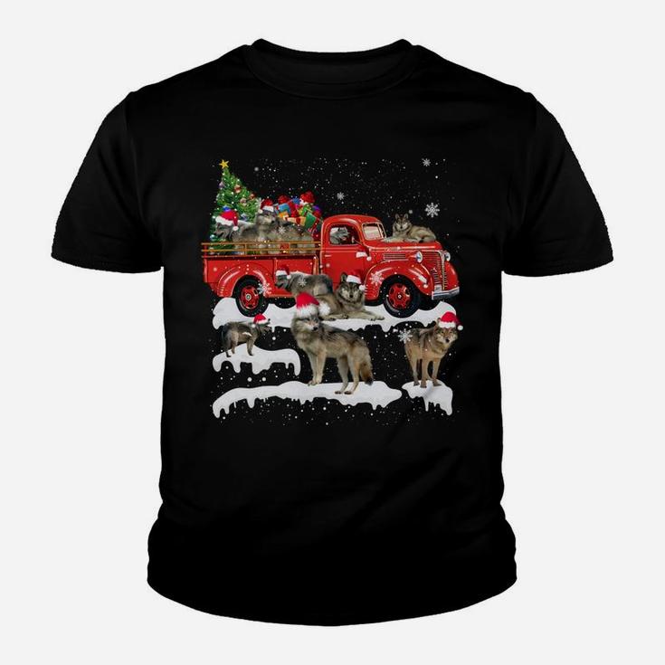 Wolf Riding Red Truck Merry Christmas X-Mas Ugly Gift Youth T-shirt